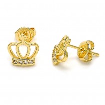 Gold Filled Stud Earrings Crown Design With White Micro Pave Polished Finish Golden Tone
