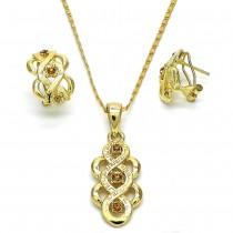 Gold Filled Earring and Pendant Set Greek Key Design with Champagne Crystal Polished Golden Tone