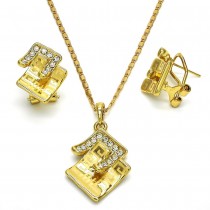 Gold Filled Earring and Pendant Set Greek Key Design with White Crystal Polished Golden Tone