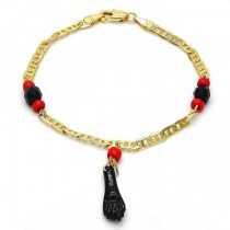 Gold Charm Bracelet Hand Design With Black and Orange Red Azavache Polished Finish Golden Tone