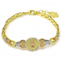 Gold Filled ID Bracelet Guadalupe and Flower Design Diamond Cutting Finish Tri Tone