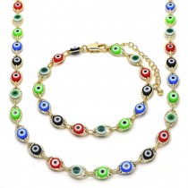 Gold Filled Necklace and Bracelet Greek Eye Design Multicolor Resin Finish Golden Tone