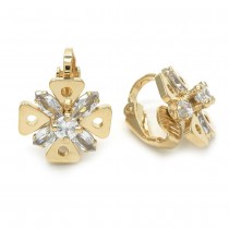Gold Filled Clip-On Earrings Style Flower Design with White Cubic Zirconia Polished Golden Finish