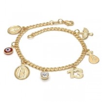 Gold Filled Charm Bracelet Guadalupe and Greek Eye Design With White Cubic Zirconia & Red Resin Finish Golden Tone