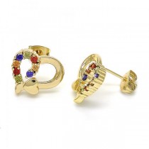 Gold Filled Stud Earrings Heart Design with Multicolor Cubic Zirconia Polished Golden Tone