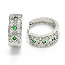 Gold Filled Rhodium Plated Huggie Hoop With Green Cubic Zirconia