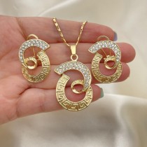 Gold Filled Earring and Pendant Set with White Crystal Polished Gold Tone