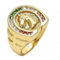 Gold Filled Mens Ring Horse Design Golden Tone With Multicolor Cubic Zirconia