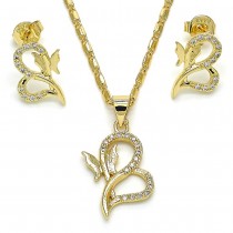 Gold Filled Earring and Pendant Set Style Heart and Butterfly Design with White Cubic Zirconia Polished Golden Finish