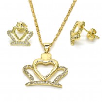 Gold Filled Earring and Pendant Set Crown and Heart Design with White Cubic Zirconia Polished Golden Finish