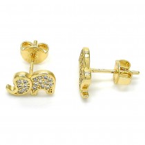 Gold Filled Stud Earrings Elephant Design With Cubic Zirconia Golden Tone