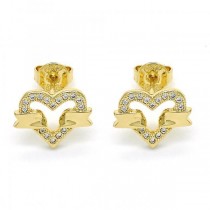Gold Filled Golden Tone Stud Earring Heart Design With Micro Pave