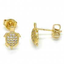 Gold Filled Stud Earrings Turtle Design with White Micro Pave Polished Golden Tone