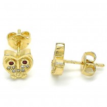 Gold Filled Stud Earrings Owl Design with Garnet Cubic Zirconia and Garnet Micro Pave Polished Golden Finish