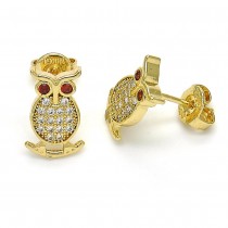 Gold Filled Stud Earrings Owl Design with Garnet Cubic Zirconia and White Micro Pave Polished Golden Tone