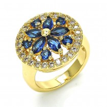 Gold Finish Multi Stone Ring Flower Design with Sapphire Blue and White Cubic Zirconia Polished Golden Tone