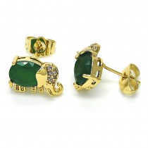 Gold Finish Stud Earring Elephant Design with Green Cubic Zirconia and White Micro Pave Polished Golden Tone