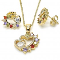 Gold Filled Earring and Pendant Set Heart Design With Multicolor Cubic Zirconia Polished Finish Golden Tone