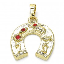 Gold Filled Fancy Pendant Elephant and Flower Design With Garnet and White Crystal Polished Finish Golden Tone