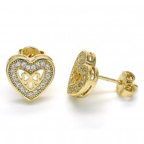 Gold Filled Stud Earrings Heart Design with White Micro Pave Polished Golden Tone