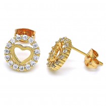 Gold Filled Stud Earrings Heart Design with White Micro Pave Polished Golden Tone