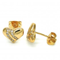 Gold Filled Stud Earring Heart Design with White Micro Pave Polished Golden Tone