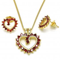 Gold Filled Earring and Pendant Set Heart Design with Garnet Cubic Zirconia Polished Golden Finish