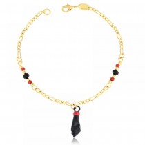Gold Filled Baby Charm Bracelet Hand and Figaro Design With Black and Orange Red Azavache Multicolor Polished Finish Golden Tone
