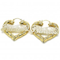 Gold Filled Large Hoop Heart-shaped Princess Nameplate and Bamboo Design Polished Golden Finish 50MM