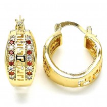 Gold Filled Small Hoop Greek Key Design with Garnet and White Cubic Zirconia Polished Golden Finish