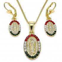 Gold Filled Earring and Pendant Set Guadalupe Design With Multicolor Crystal Polished Finish Golden Tone