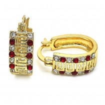 Gold Filled Small Hoop Greek Key Design with Garnet and White Crystal Polished Golden Finish