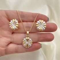 Gold Filled Earring and Pendant Set Flower Design with White Crystal Polished Tricolor