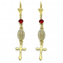 Gold Filled Long Earrings Guadalupe and Cross Design With Crystal Golden Tone