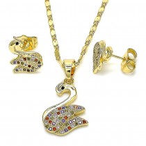 Gold Filled Earring and Pendant Set Swan Design with Multicolor Micro Pave Polished Golden Finish
