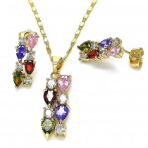 Gold Filled Earring and Pendant Set Teardrop Design with Multicolor Cubic Zirconia Polished Golden Tone