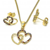 Gold Filled Earring and Pendant Set Heart Design with Multicolor Cubic Zirconia Polished Finish Golden Tone