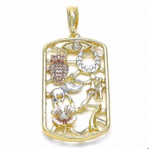 Gold Filled Religious Pendant Elephant and Owl Design With White Crystal Polished Finish Tri Tone