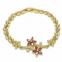 Gold Finish Fancy Bracelet Flower Design with Garnet and White Cubic Zirconia Polished Golden Tone