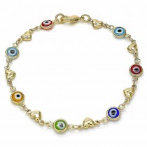 Gold Filled Fancy Bracelet Greek Eye and Heart Design Multicolor Resin Finish Golden Tone