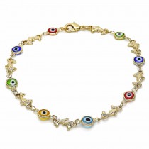 Gold Filled Fancy Anklet Greek Eye and Dolphin Design Multicolor Resin Finish Golden Tone