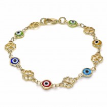 Gold Filled Fancy Bracelet Greek Eye and Four-leaf Clover Design Multicolor Resin Finish Golden Tone
