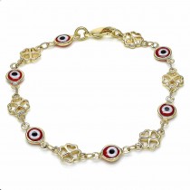 Gold Filled Fancy Bracelet Greek Eye and Four-leaf Clover Design Red Resin Finish Golden Tone