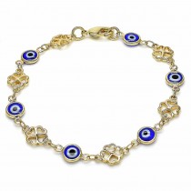 Gold Filled Fancy Bracelet Greek Eye and Four-leaf Clover Design Blue Resin Finish Golden Tone