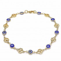 Gold Filled Fancy Anklet Greek Eye and Four-leaf Clover Design Blue Resin Finish Golden Tone