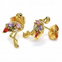 Gold Finish Stud Earring with Multicolor Cubic Zirconia Polished Golden Tone