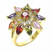 Gold Filled Multi Stone Ring Flower and Teardrop Design With Cubic Zirconia Golden Tone