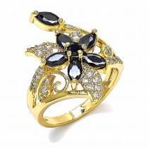 Gold Filled Multi Stone Ring Flower Design with Black and White Cubic Zirconia Polished Golden Tone