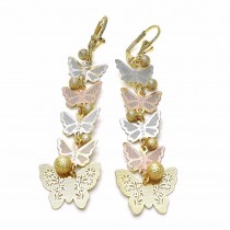 Gold Filled Long Earrings Butterfly and Ball Design Matte Finish Tri Tone