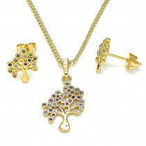 Gold Filled Earring and Pendant Set Tree Design With Multicolor Cubic Zirconia Polished Finish Golden Tone